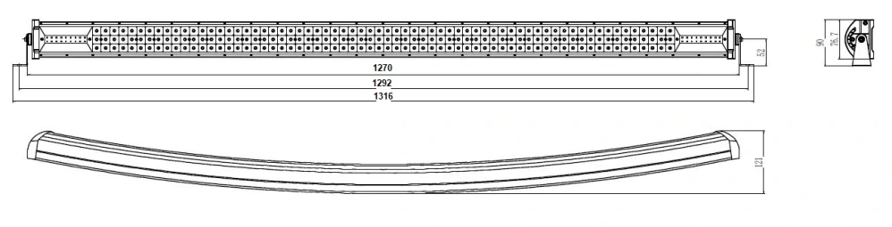 LED rampa prehnutá, 216x3W, 1270mm, ECE R10