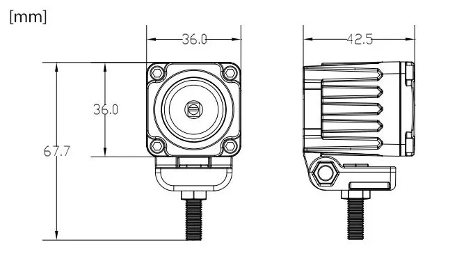 LED svetlo mini štvorcové, 1x10W, 36x36mm, rozptýlený paprsok, ECE R10