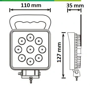 LED svetlo hranaté, 9x3W, 110x110x35mm, vypínač, ECE R10